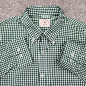 Brooks Brothers Red Fleece Shirt Men Medium Green/White Cotton/Nylon Stretch L/S